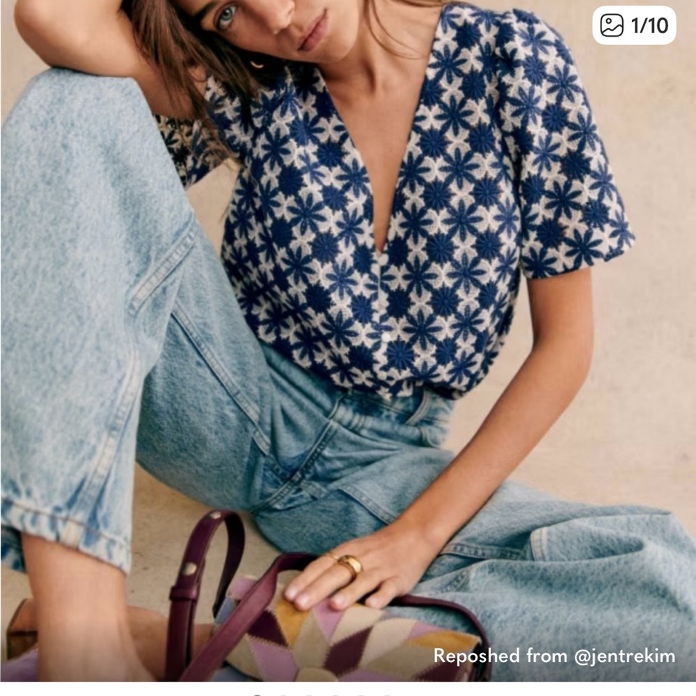 Sezane Navy and White Patterned Blouse-NWTO Size 12